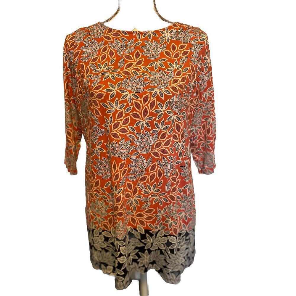 J Jill Salmon Black Leaf Women Round Neck Top Size M Cotton Modal Nature